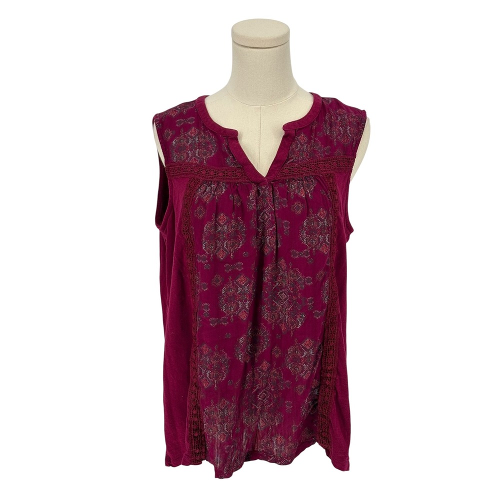 St. John's Bay Sleeveless Top Berry Medallion Print Crochet Trim Large